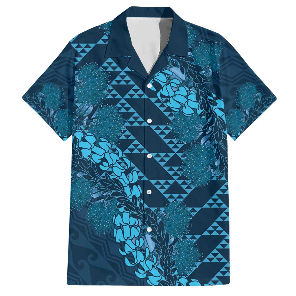 Naval Night Aloha Hawaii Family Matching Short Sleeve Bodycon Dress and Hawaiian Shirt Hawaiian Kakau Ohia Lehua Lei LT14 Dad's Shirt - Short Sleeve Blue - Polynesian Pride
