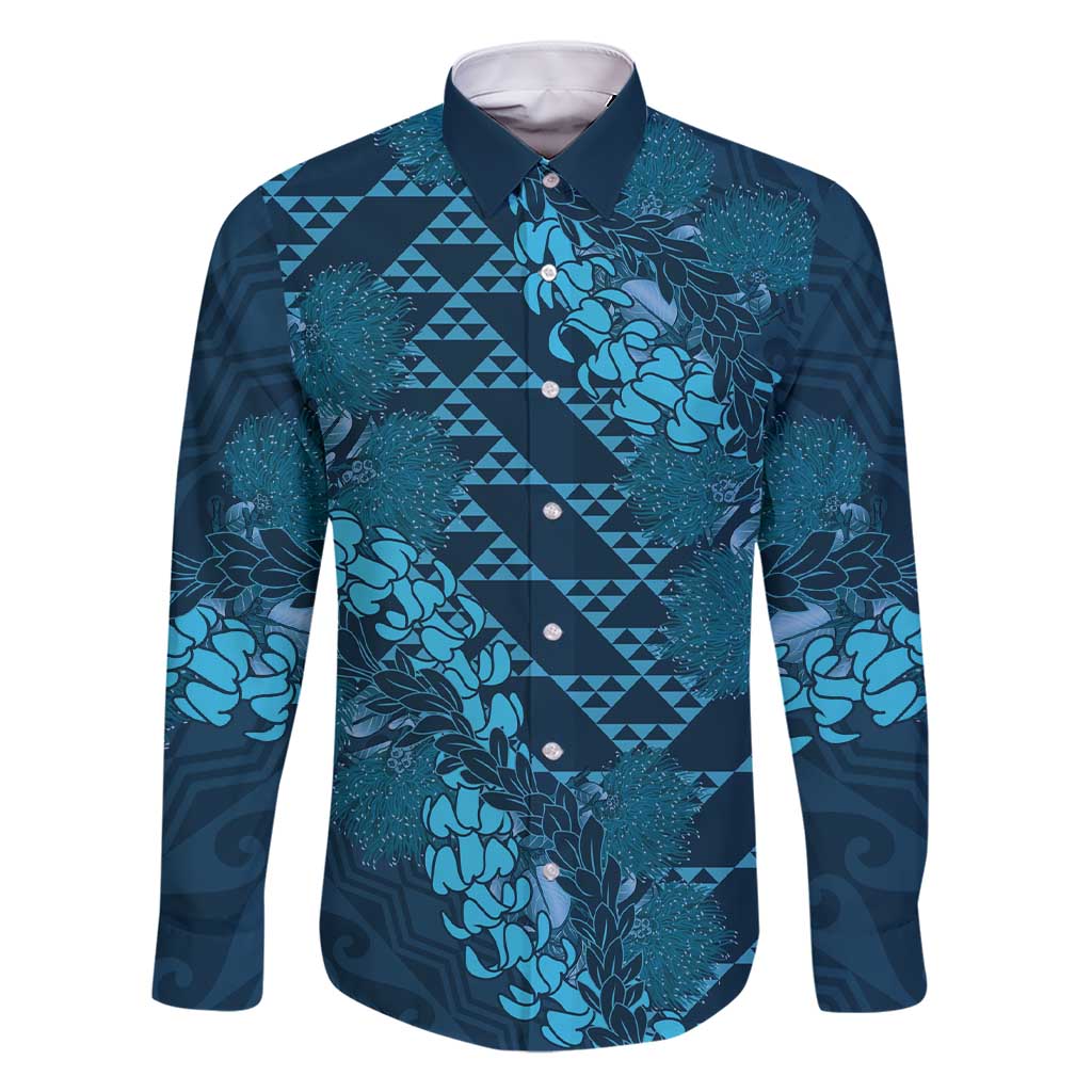 Naval Night Aloha Hawaii Family Matching Short Sleeve Bodycon Dress and Hawaiian Shirt Hawaiian Kakau Ohia Lehua Lei LT14 Dad's Shirt - Long Sleeve Blue - Polynesian Pride