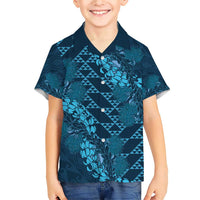 Naval Night Aloha Hawaii Family Matching Short Sleeve Bodycon Dress and Hawaiian Shirt Hawaiian Kakau Ohia Lehua Lei LT14 Son's Shirt Blue - Polynesian Pride