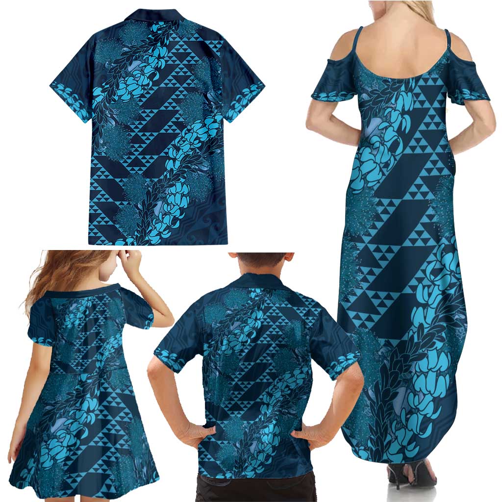 Naval Night Aloha Hawaii Family Matching Summer Maxi Dress and Hawaiian Shirt Hawaiian Kakau Ohia Lehua Lei - Polynesian Pride