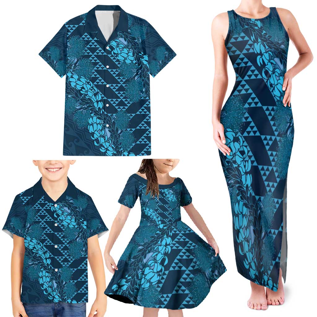 Naval Night Aloha Hawaii Family Matching Tank Maxi Dress and Hawaiian Shirt Hawaiian Kakau Ohia Lehua Lei - Polynesian Pride