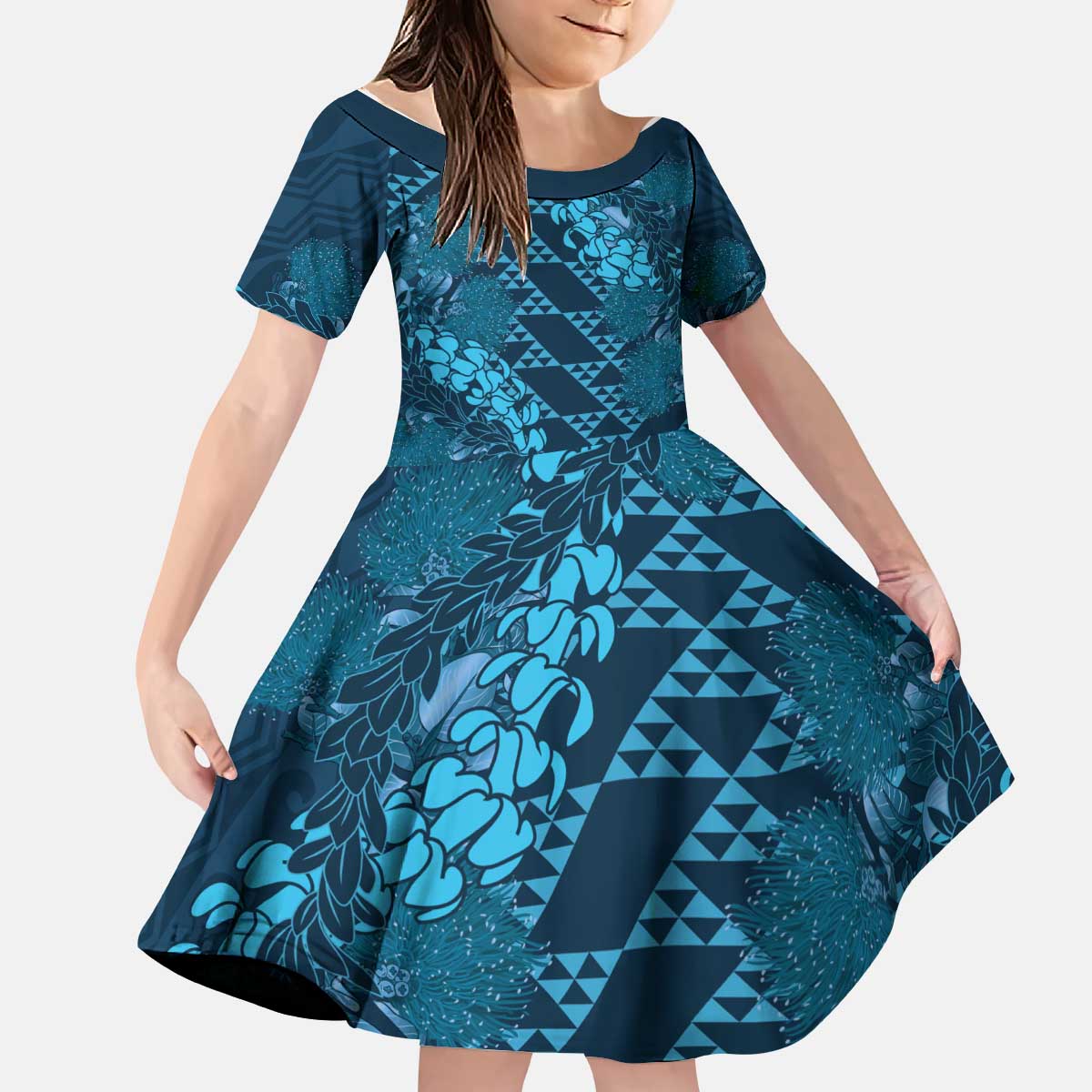 Naval Night Aloha Hawaii Kid Short Sleeve Dress Hawaiian Kakau Ohia Lehua Lei - Polynesian Pride