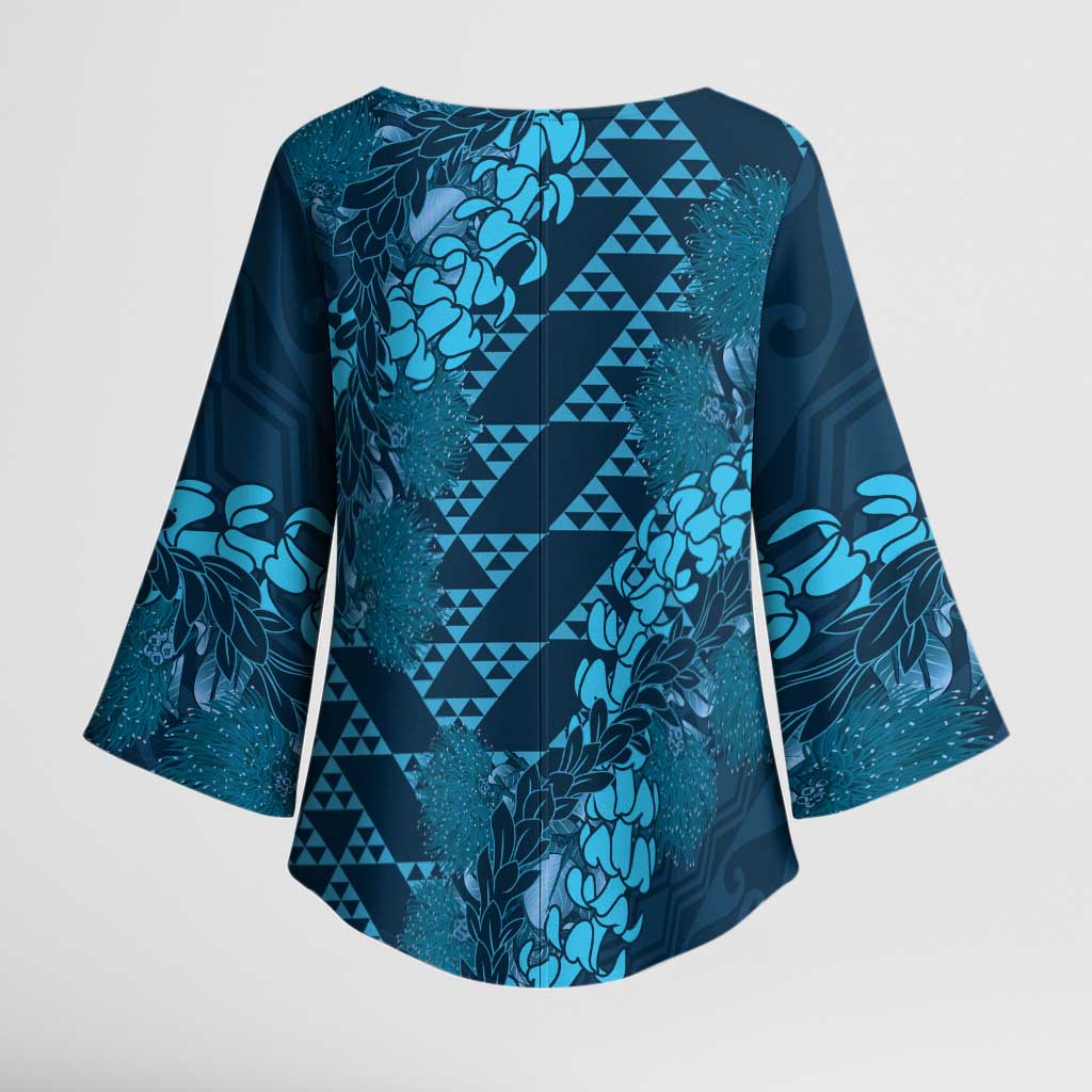 Naval Night Aloha Hawaii Kimono Sleeve Blouse Hawaiian Kakau Ohia Lehua Lei - Polynesian Pride