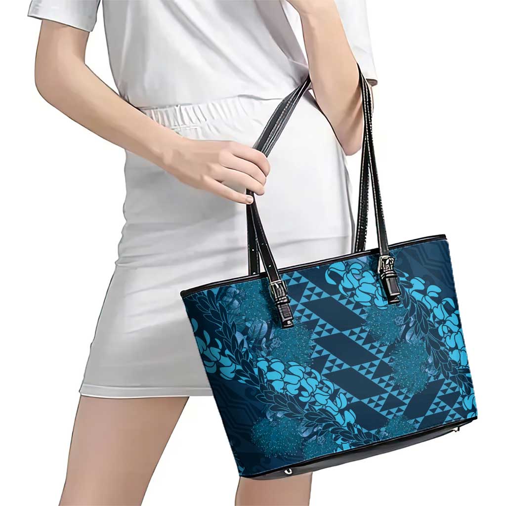 Naval Night Aloha Hawaii Leather Tote Bag Hawaiian Kakau Ohia Lehua Lei - Polynesian Pride