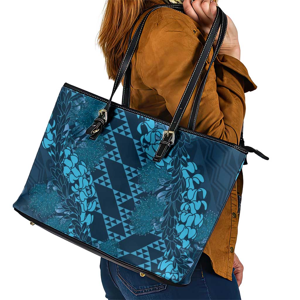 Naval Night Aloha Hawaii Leather Tote Bag Hawaiian Kakau Ohia Lehua Lei - Polynesian Pride