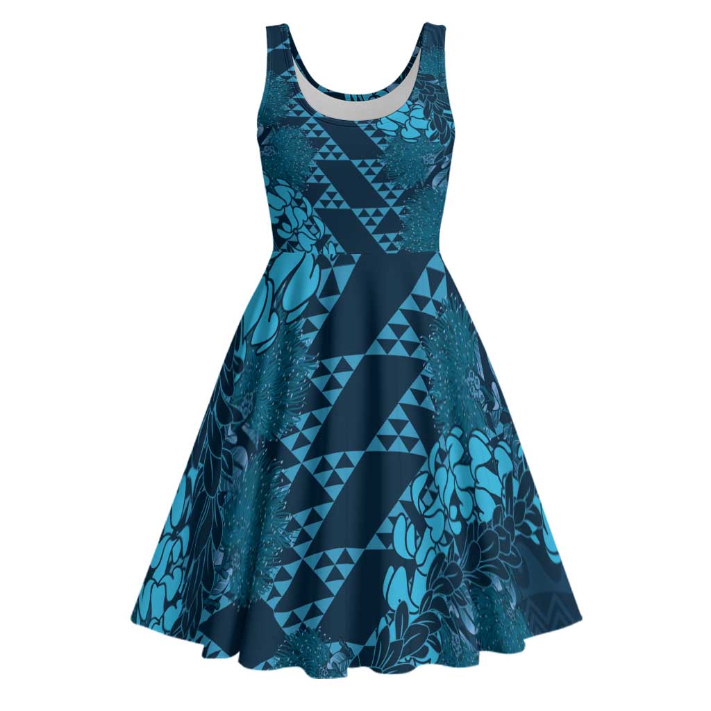 Naval Night Aloha Hawaii Midi Dress Hawaiian Kakau Ohia Lehua Lei - Polynesian Pride