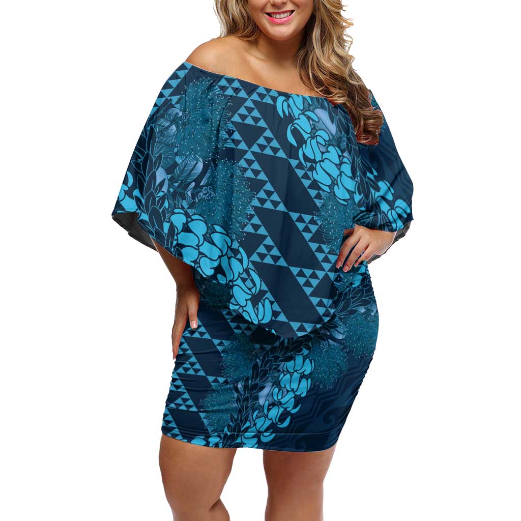 Naval Night Aloha Hawaii Off Shoulder Short Dress Hawaiian Kakau Ohia Lehua Lei - Polynesian Pride