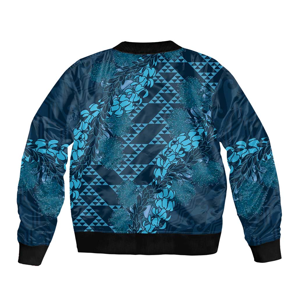 Naval Night Aloha Hawaii Sleeve Zip Bomber Jacket Hawaiian Kakau Ohia Lehua Lei - Polynesian Pride