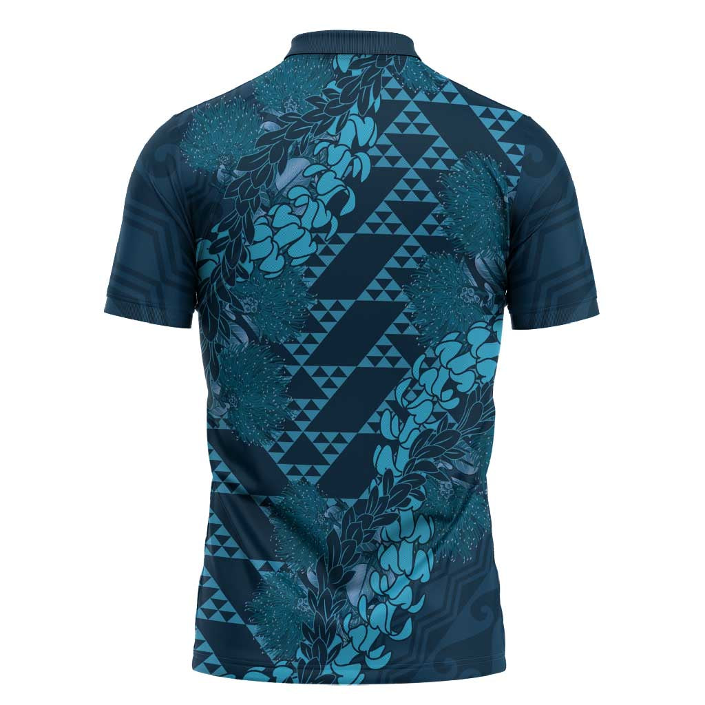 Naval Night Aloha Hawaii Zipper Polo Shirt Hawaiian Kakau Ohia Lehua Lei - Polynesian Pride