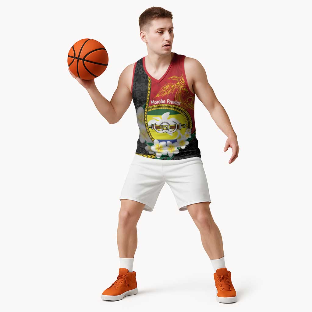Personalised PNG Morobe Provins Basketball Jersey Papua New Guinea Plumeria Melanesian Pattern - Polynesian Pride
