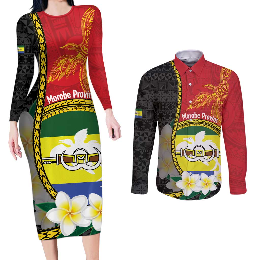 Personalised PNG Morobe Provins Couples Matching Long Sleeve Bodycon Dress and Long Sleeve Button Shirt Papua New Guinea Plumeria Melanesian Pattern - Polynesian Pride