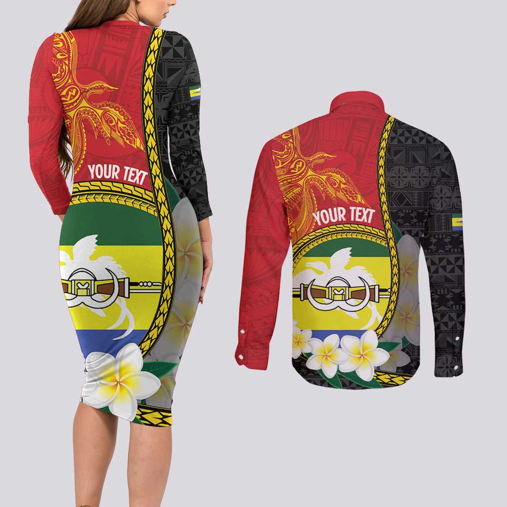 Personalised PNG Morobe Provins Couples Matching Long Sleeve Bodycon Dress and Long Sleeve Button Shirt Papua New Guinea Plumeria Melanesian Pattern - Polynesian Pride