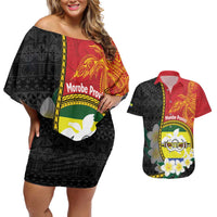 Personalised PNG Morobe Provins Couples Matching Off Shoulder Short Dress and Hawaiian Shirt Papua New Guinea Plumeria Melanesian Pattern - Polynesian Pride