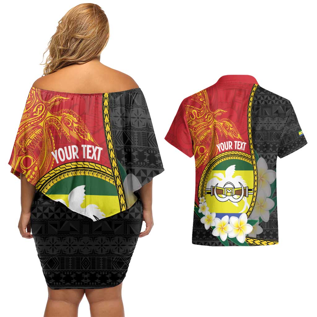 Personalised PNG Morobe Provins Couples Matching Off Shoulder Short Dress and Hawaiian Shirt Papua New Guinea Plumeria Melanesian Pattern - Polynesian Pride