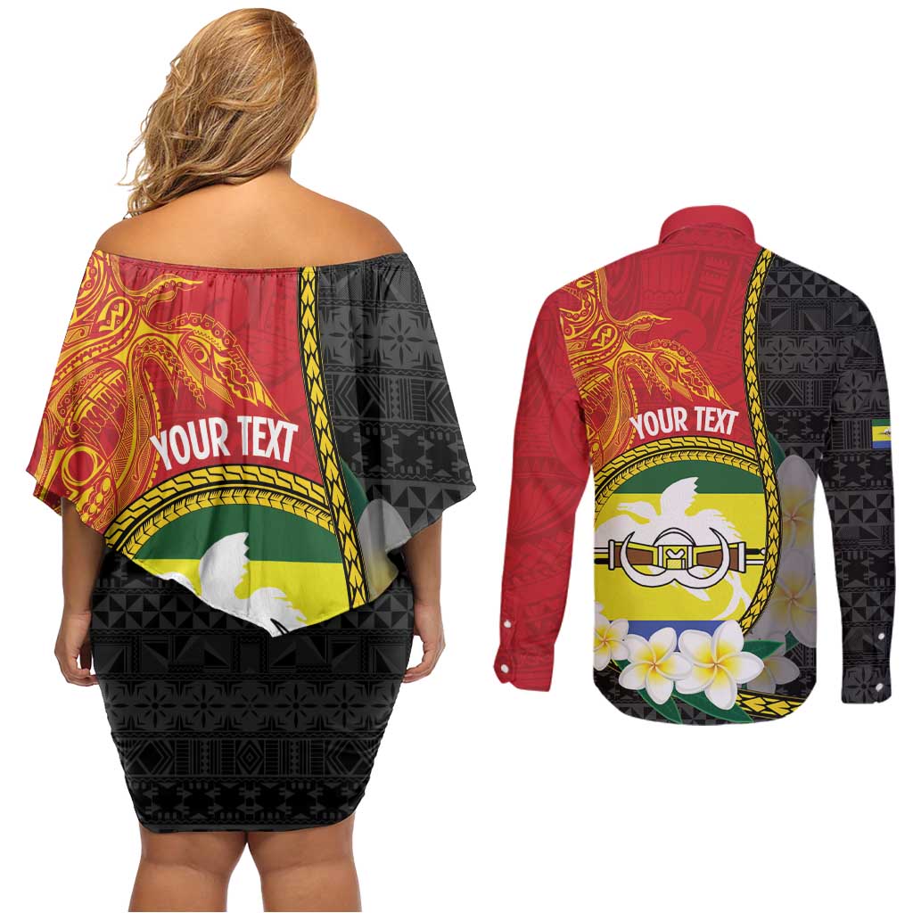 Personalised PNG Morobe Provins Couples Matching Off Shoulder Short Dress and Long Sleeve Button Shirt Papua New Guinea Plumeria Melanesian Pattern - Polynesian Pride