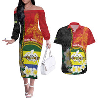 Personalised PNG Morobe Provins Couples Matching Off The Shoulder Long Sleeve Dress and Hawaiian Shirt Papua New Guinea Plumeria Melanesian Pattern - Polynesian Pride