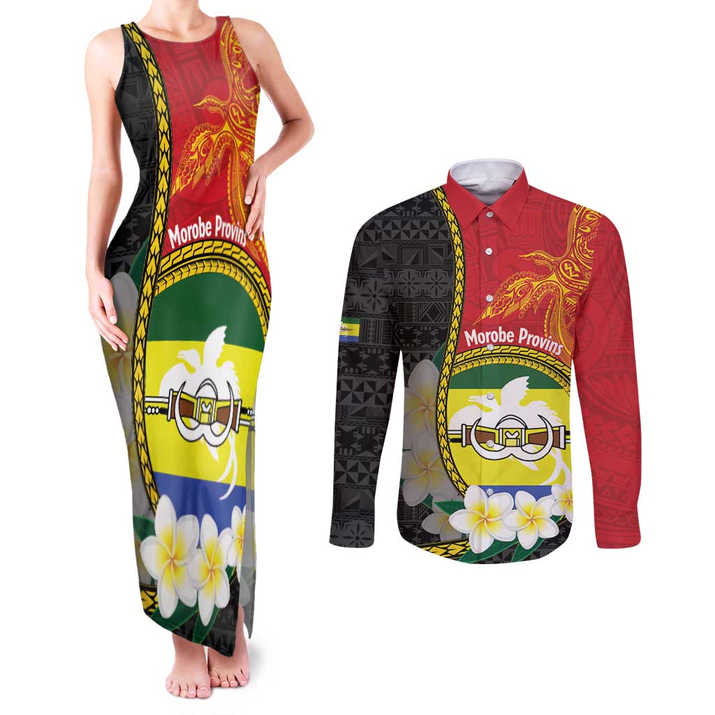 Personalised PNG Morobe Provins Couples Matching Tank Maxi Dress and Long Sleeve Button Shirt Papua New Guinea Plumeria Melanesian Pattern - Polynesian Pride