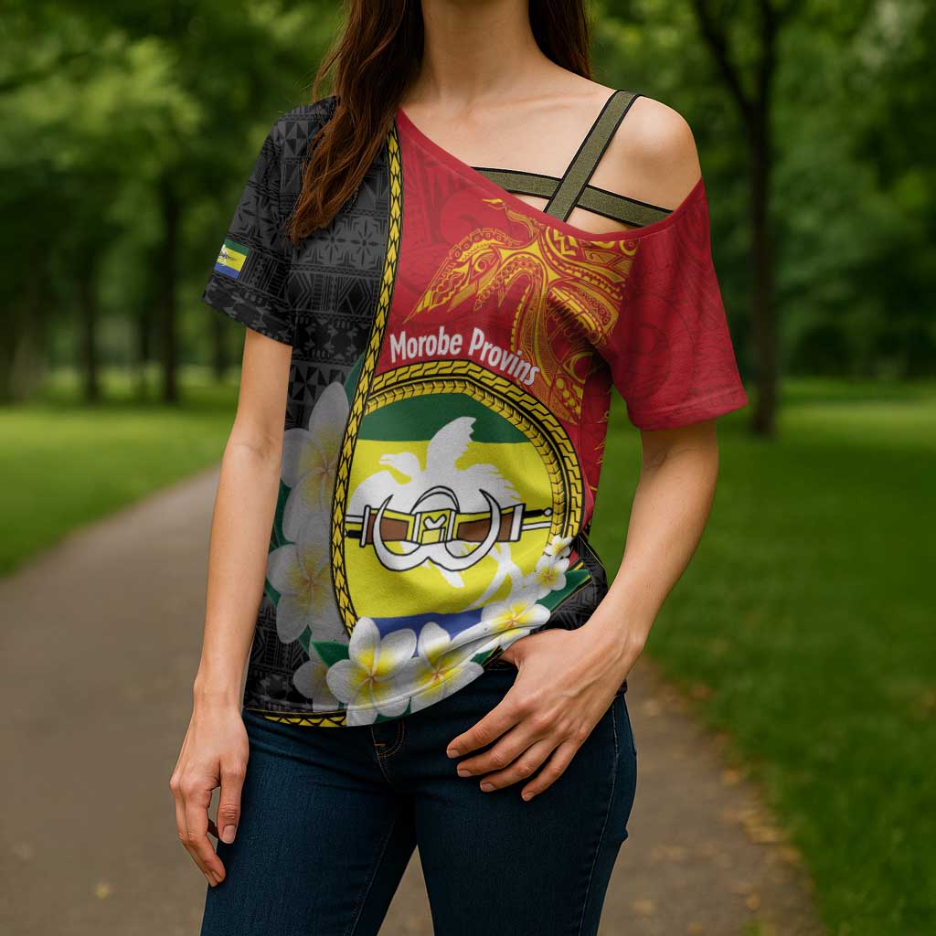 Personalised PNG Morobe Provins Cross Shoulder Shirt Papua New Guinea Plumeria Melanesian Pattern - Polynesian Pride