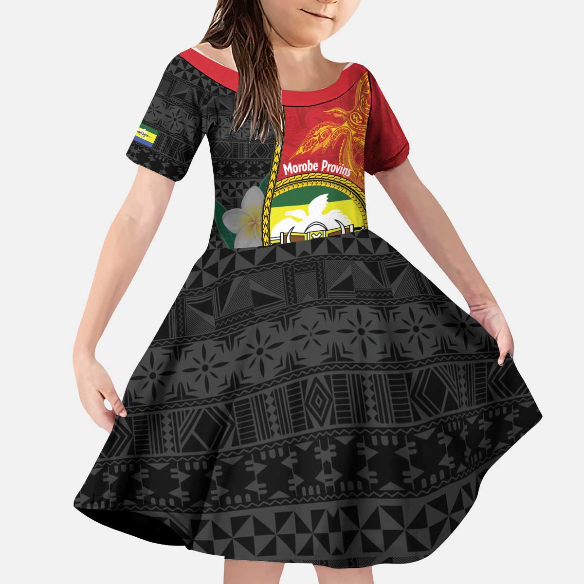 Personalised PNG Morobe Provins Kid Short Sleeve Dress Papua New Guinea Plumeria Melanesian Pattern - Polynesian Pride