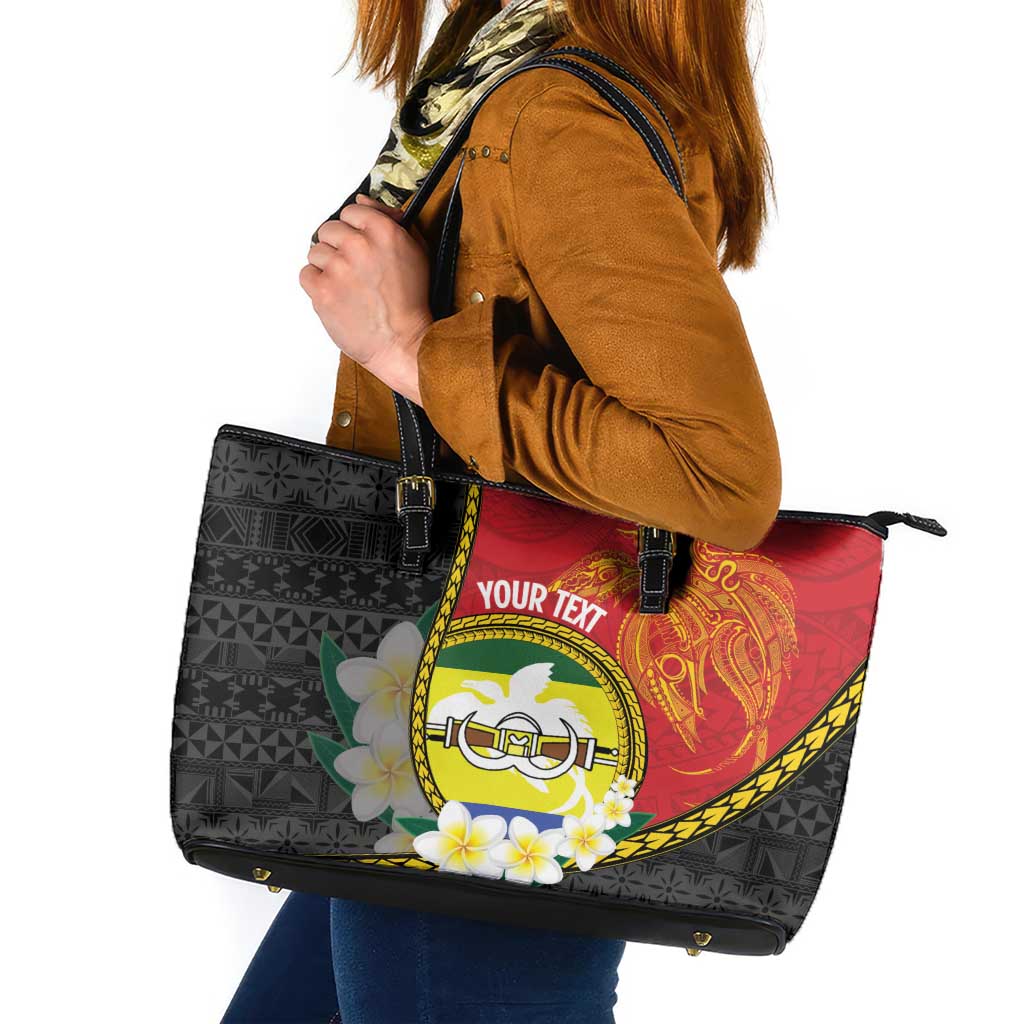Personalised PNG Morobe Provins Leather Tote Bag Papua New Guinea Plumeria Melanesian Pattern - Polynesian Pride