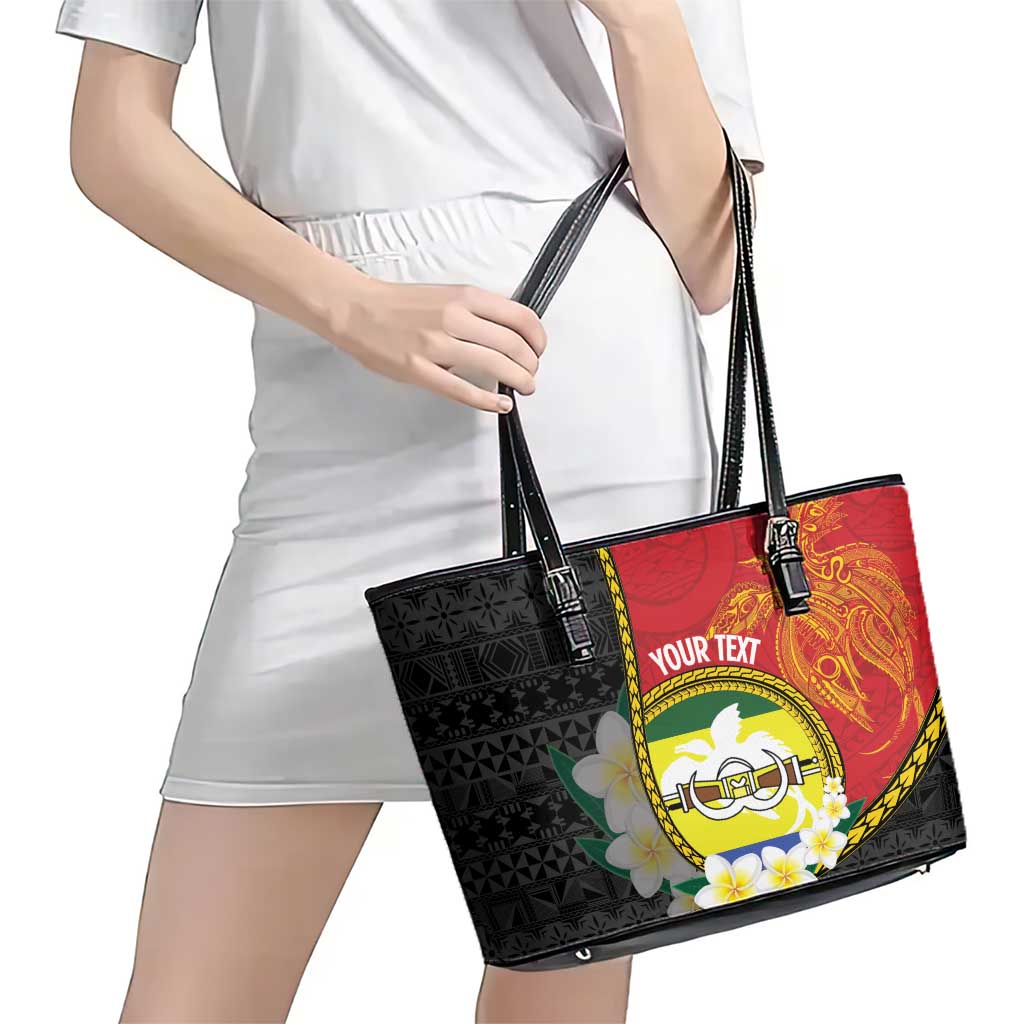 Personalised PNG Morobe Provins Leather Tote Bag Papua New Guinea Plumeria Melanesian Pattern - Polynesian Pride