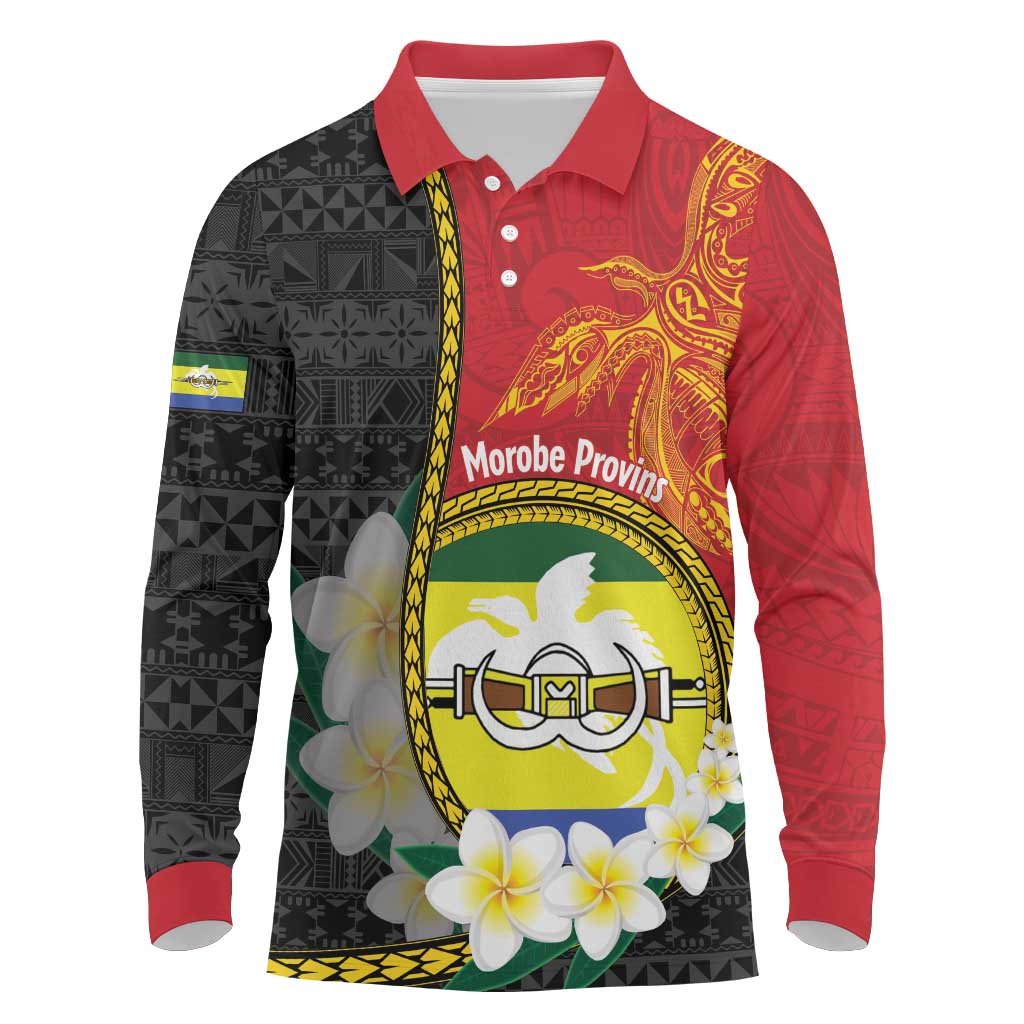 Personalised PNG Morobe Provins Long Sleeve Polo Shirt Papua New Guinea Plumeria Melanesian Pattern - Polynesian Pride
