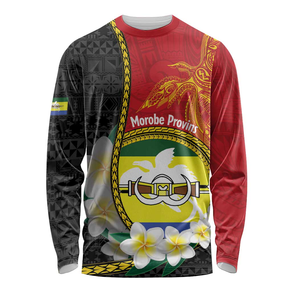 Personalised PNG Morobe Provins Long Sleeve Shirt Papua New Guinea Plumeria Melanesian Pattern - Polynesian Pride