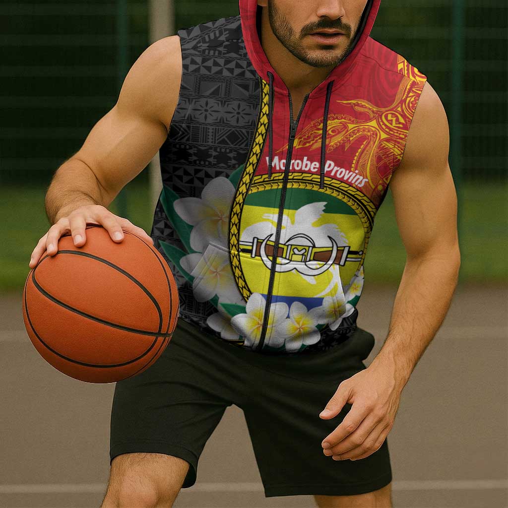 Personalised PNG Morobe Provins Sleeveless Zip Hoodie Papua New Guinea Plumeria Melanesian Pattern - Polynesian Pride