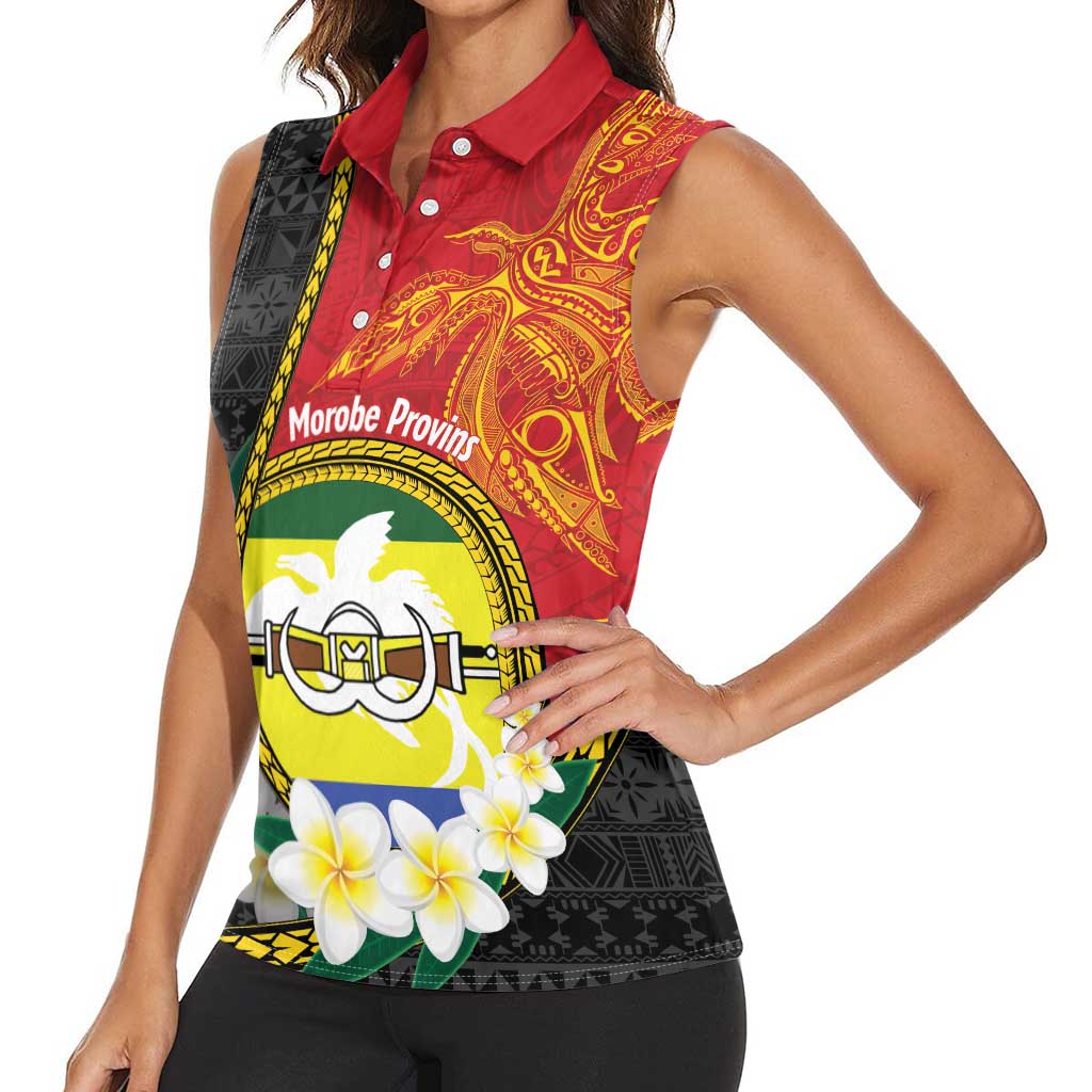 Personalised PNG Morobe Provins Women Sleeveless Polo Shirt Papua New Guinea Plumeria Melanesian Pattern - Polynesian Pride