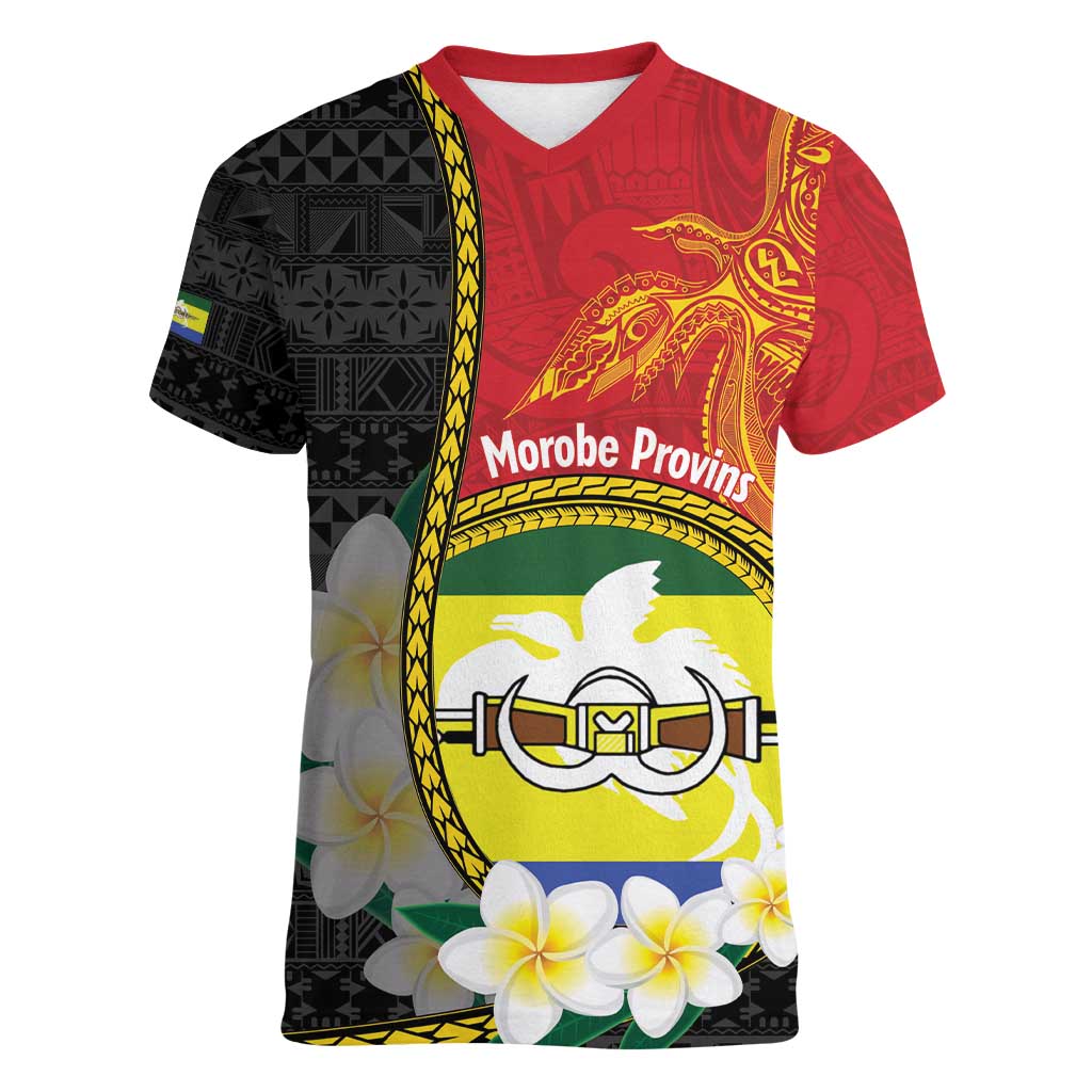 Personalised PNG Morobe Provins Women V-Neck T-Shirt Papua New Guinea Plumeria Melanesian Pattern - Polynesian Pride