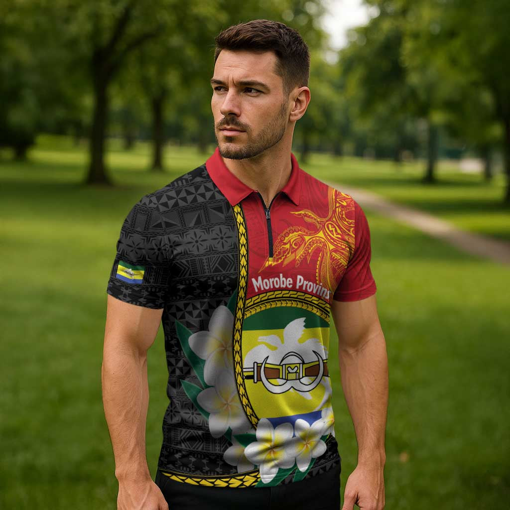 Personalised PNG Morobe Provins Zipper Polo Shirt Papua New Guinea Plumeria Melanesian Pattern - Polynesian Pride