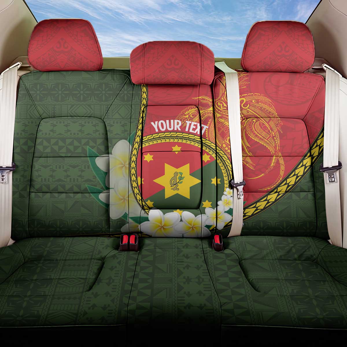 Personalised PNG Isten Hailans Provins Back Car Seat Cover Papua New Guinea Plumeria Melanesian Pattern - Polynesian Pride