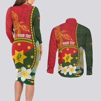 Personalised PNG Isten Hailans Provins Couples Matching Long Sleeve Bodycon Dress and Long Sleeve Button Shirt Papua New Guinea Plumeria Melanesian Pattern - Polynesian Pride