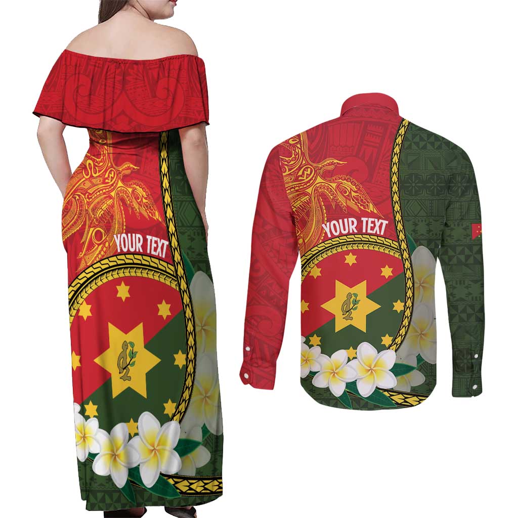 Personalised PNG Isten Hailans Provins Couples Matching Off Shoulder Maxi Dress and Long Sleeve Button Shirt Papua New Guinea Plumeria Melanesian Pattern - Polynesian Pride