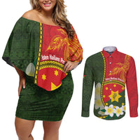 Personalised PNG Isten Hailans Provins Couples Matching Off Shoulder Short Dress and Long Sleeve Button Shirt Papua New Guinea Plumeria Melanesian Pattern - Polynesian Pride