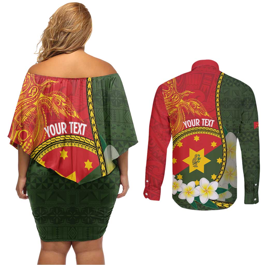 Personalised PNG Isten Hailans Provins Couples Matching Off Shoulder Short Dress and Long Sleeve Button Shirt Papua New Guinea Plumeria Melanesian Pattern - Polynesian Pride
