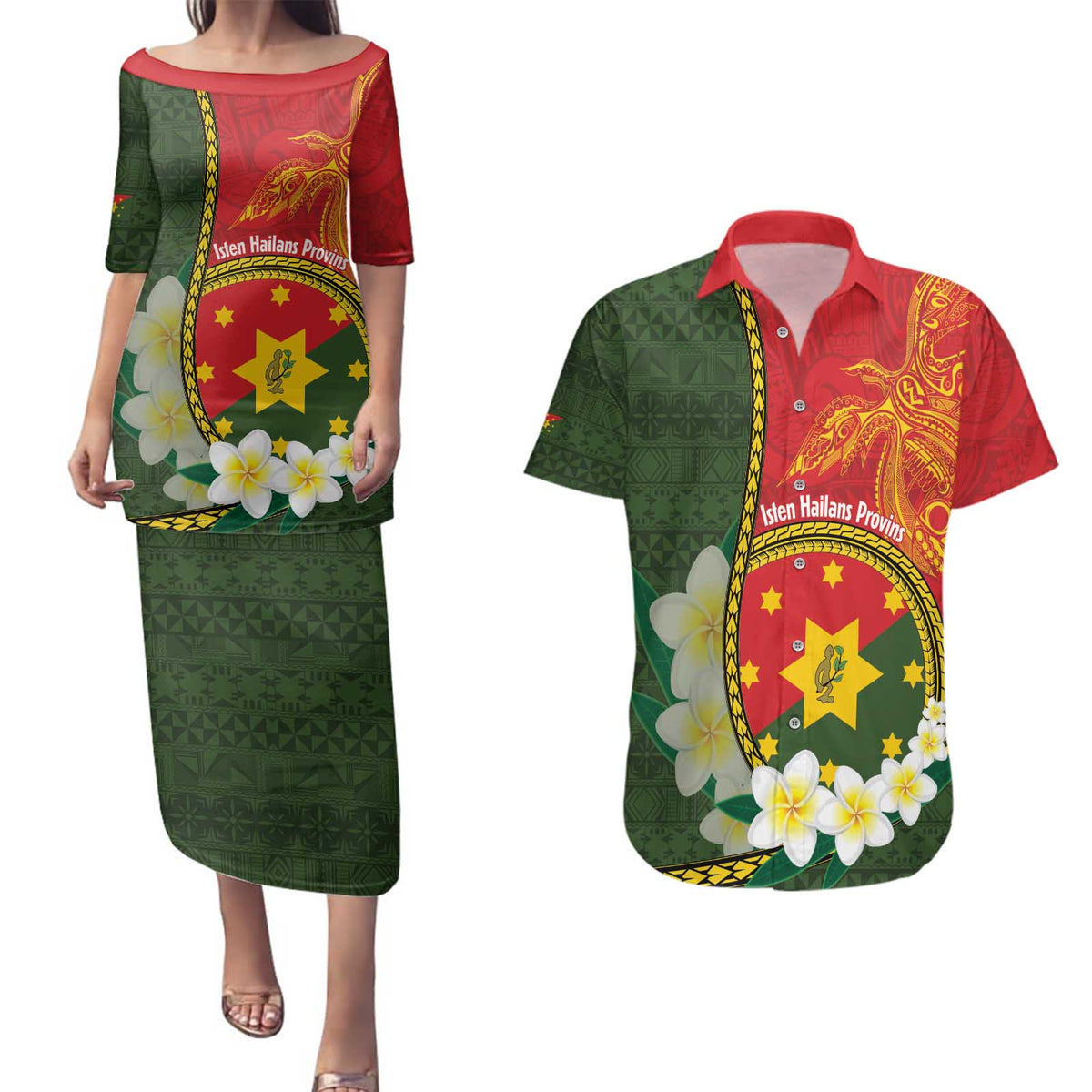 Personalised PNG Isten Hailans Provins Couples Matching Puletasi and Hawaiian Shirt Papua New Guinea Plumeria Melanesian Pattern - Polynesian Pride