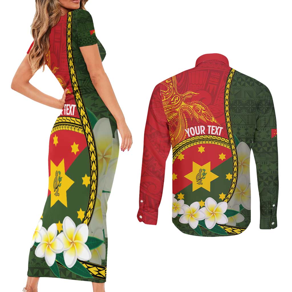 Personalised PNG Isten Hailans Provins Couples Matching Short Sleeve Bodycon Dress and Long Sleeve Button Shirt Papua New Guinea Plumeria Melanesian Pattern - Polynesian Pride
