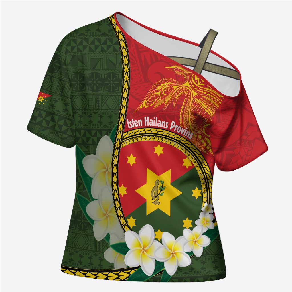 Personalised PNG Isten Hailans Provins Cross Shoulder Shirt Papua New Guinea Plumeria Melanesian Pattern - Polynesian Pride