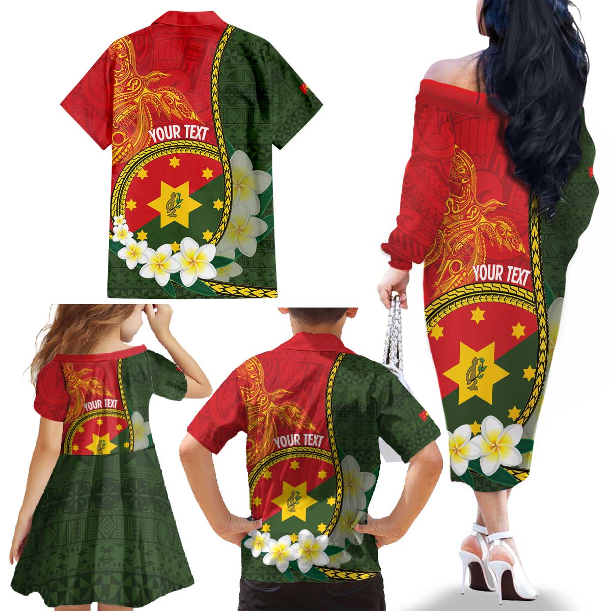 Personalised PNG Isten Hailans Provins Family Matching Off The Shoulder Long Sleeve Dress and Hawaiian Shirt Papua New Guinea Plumeria Melanesian Pattern - Polynesian Pride