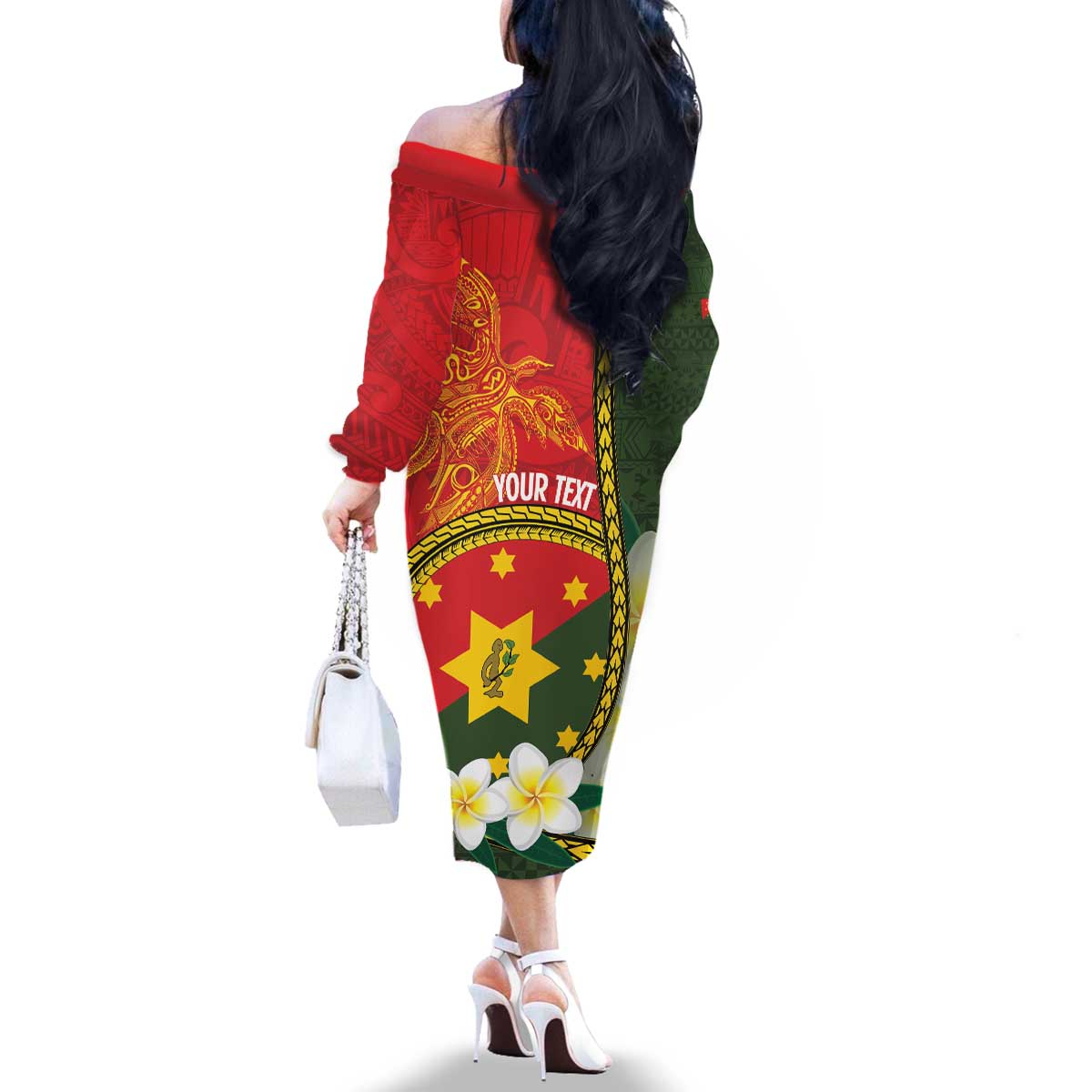 Personalised PNG Isten Hailans Provins Family Matching Off The Shoulder Long Sleeve Dress and Hawaiian Shirt Papua New Guinea Plumeria Melanesian Pattern - Polynesian Pride