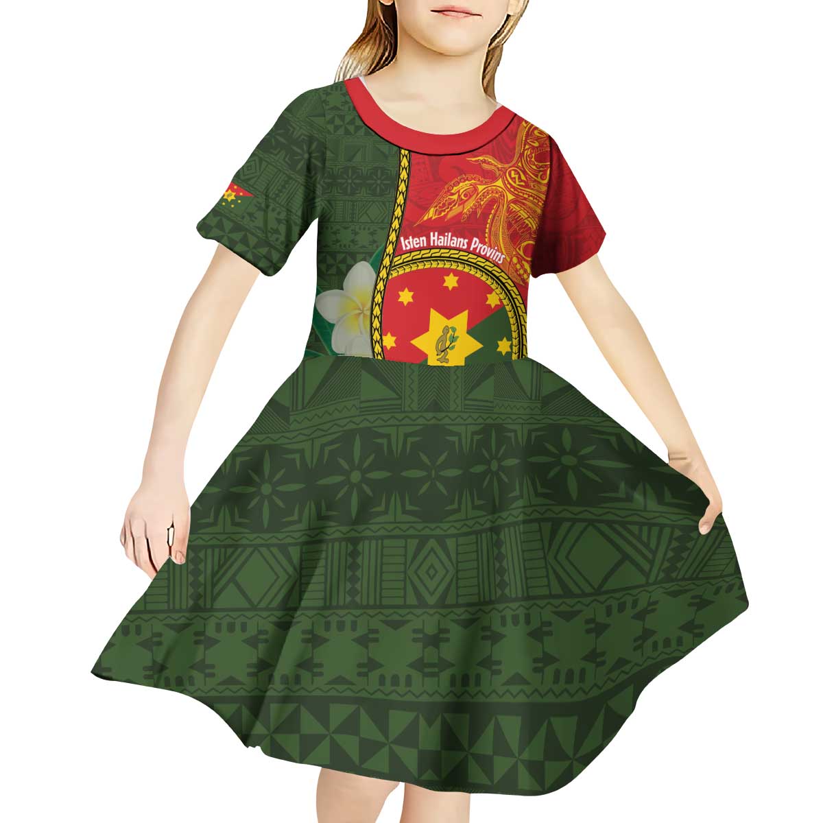 Personalised PNG Isten Hailans Provins Kid Short Sleeve Dress Papua New Guinea Plumeria Melanesian Pattern - Polynesian Pride