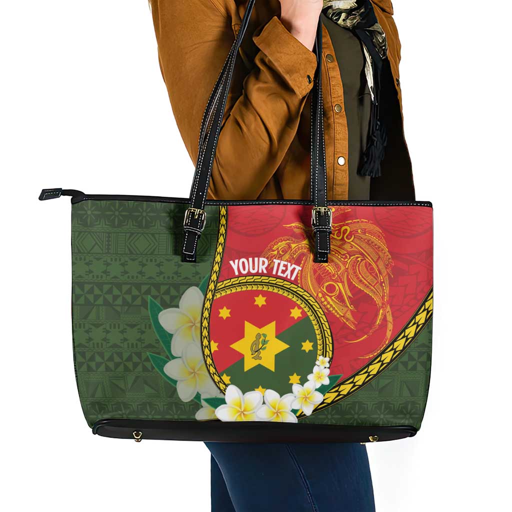 Personalised PNG Isten Hailans Provins Leather Tote Bag Papua New Guinea Plumeria Melanesian Pattern - Polynesian Pride