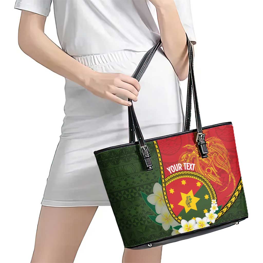 Personalised PNG Isten Hailans Provins Leather Tote Bag Papua New Guinea Plumeria Melanesian Pattern - Polynesian Pride