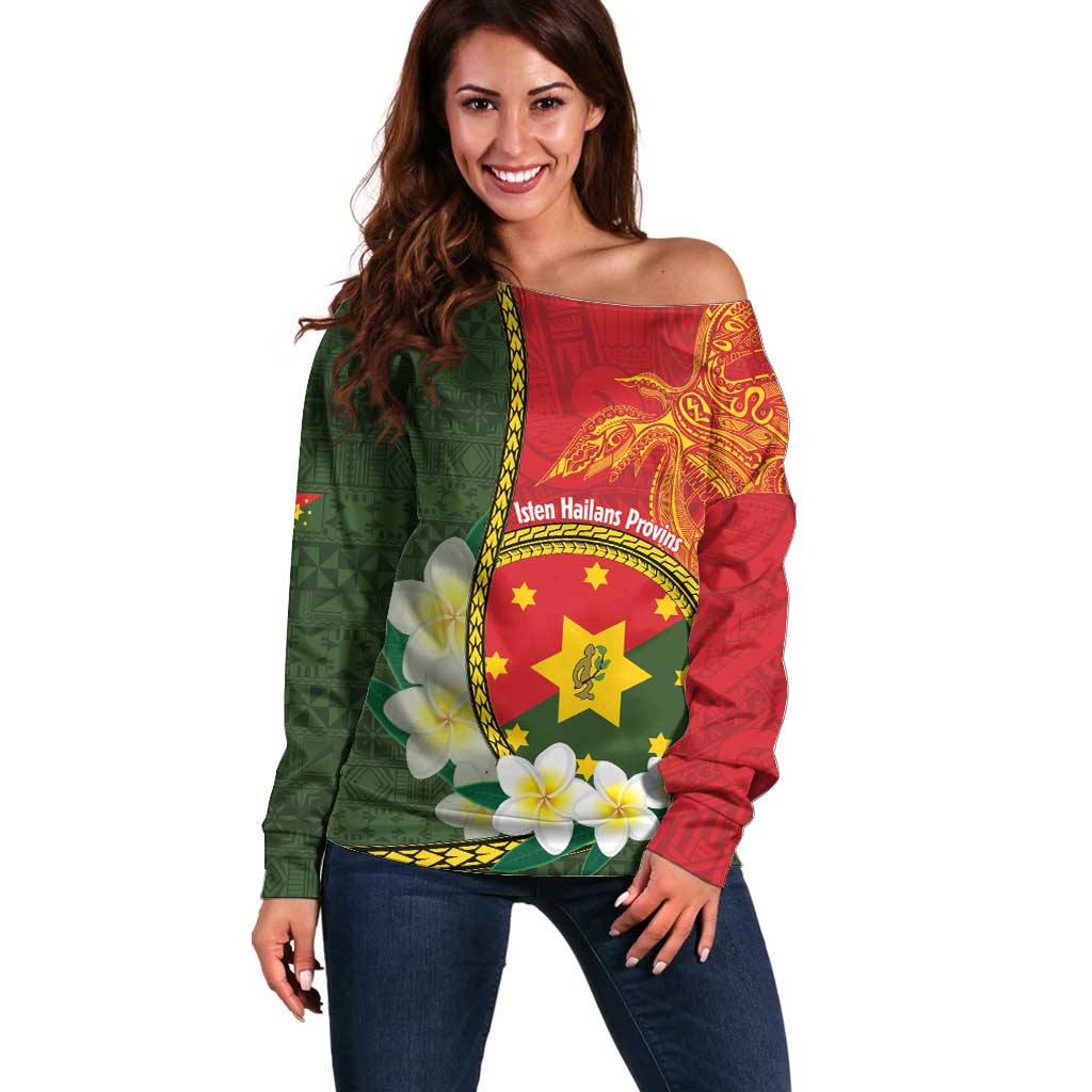 Personalised PNG Isten Hailans Provins Off Shoulder Sweater Papua New Guinea Plumeria Melanesian Pattern - Polynesian Pride