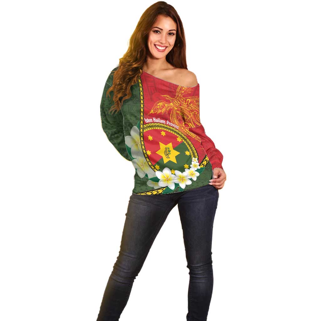 Personalised PNG Isten Hailans Provins Off Shoulder Sweater Papua New Guinea Plumeria Melanesian Pattern - Polynesian Pride