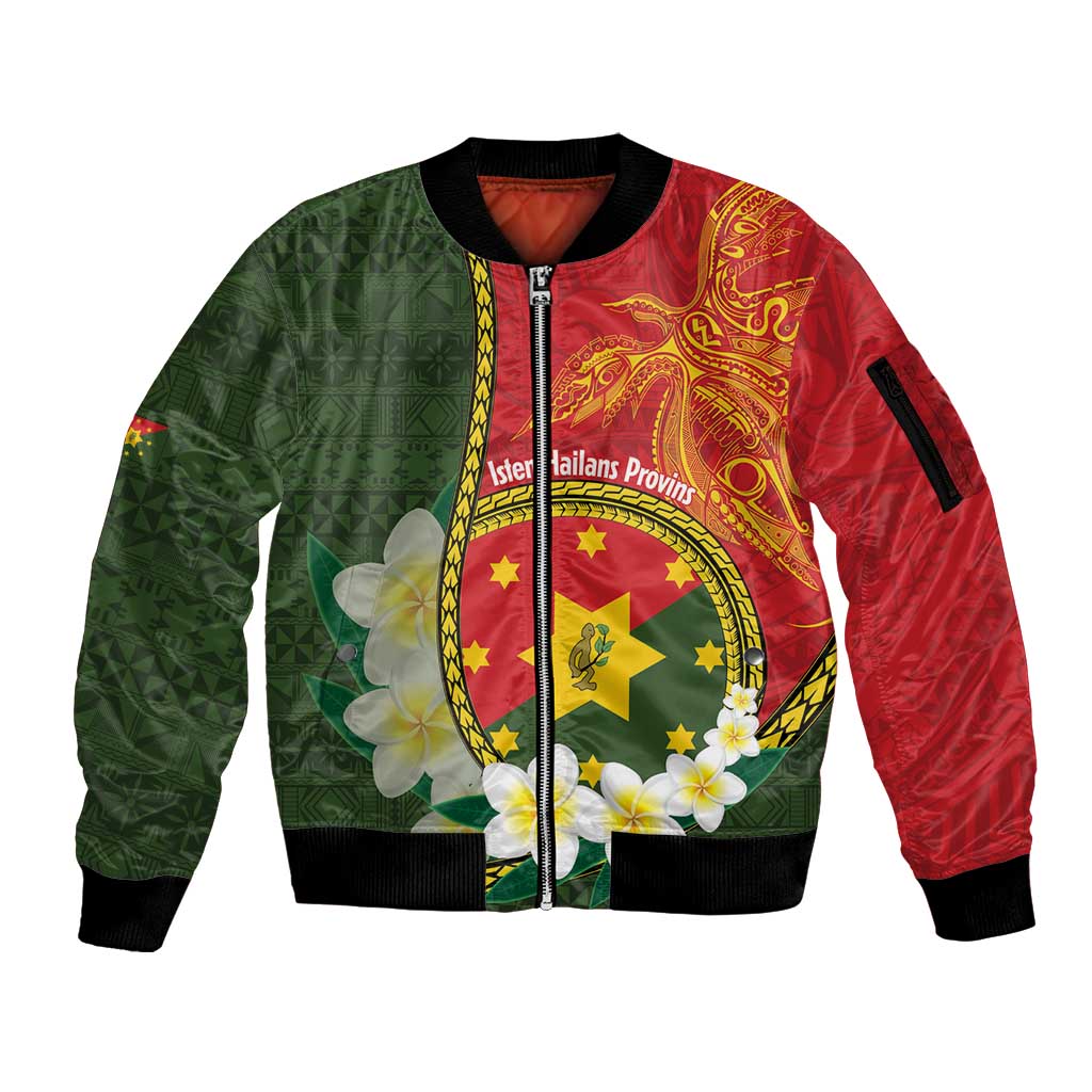 Personalised PNG Isten Hailans Provins Sleeve Zip Bomber Jacket Papua New Guinea Plumeria Melanesian Pattern - Polynesian Pride