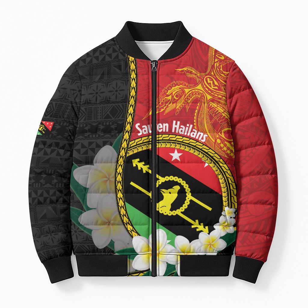 Personalised PNG Sauten Hailans Bomber Puffer Jacket Papua New Guinea Plumeria Melanesian Pattern - Polynesian Pride