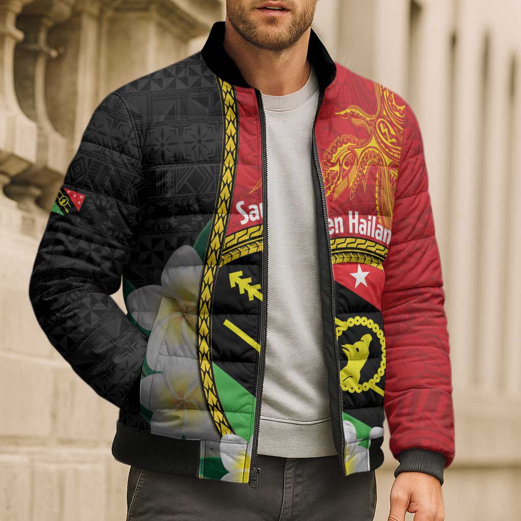 Personalised PNG Sauten Hailans Bomber Puffer Jacket Papua New Guinea Plumeria Melanesian Pattern - Polynesian Pride