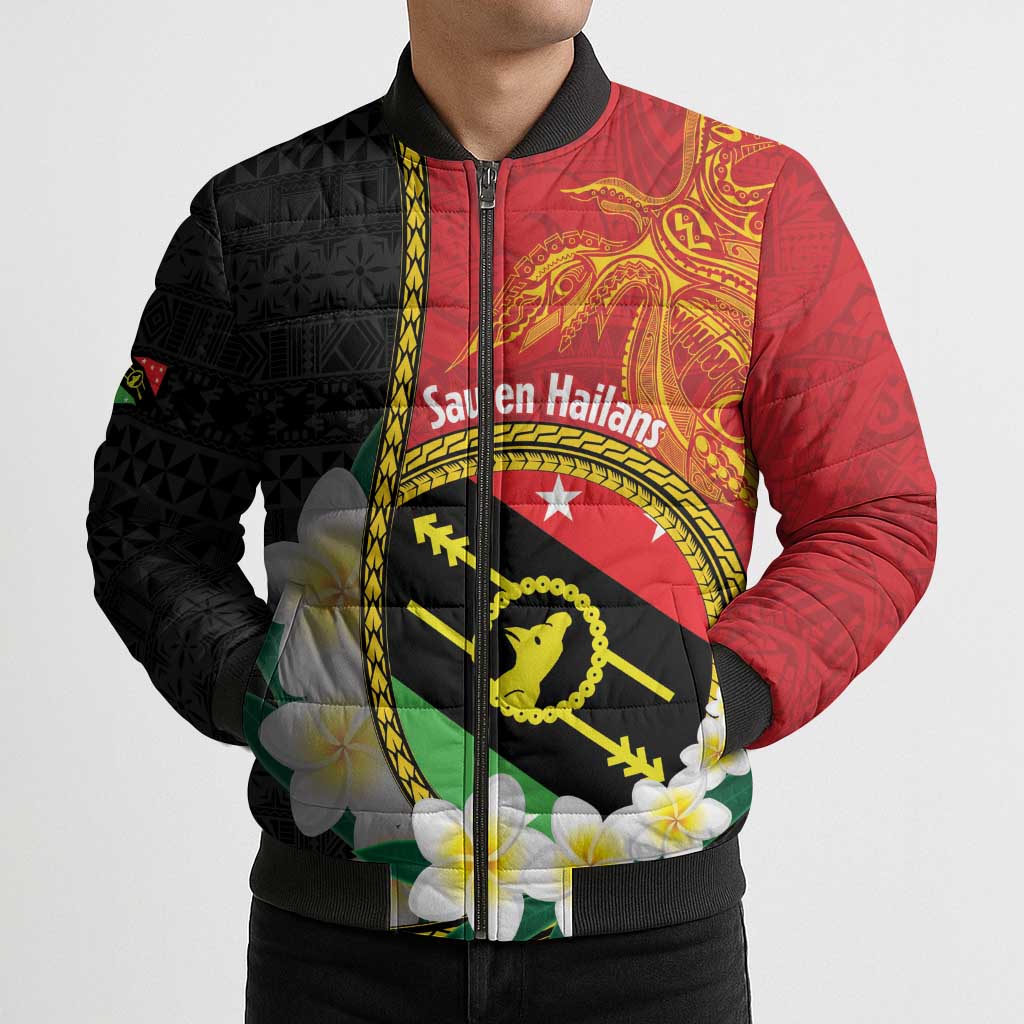 Personalised PNG Sauten Hailans Bomber Puffer Jacket Papua New Guinea Plumeria Melanesian Pattern - Polynesian Pride